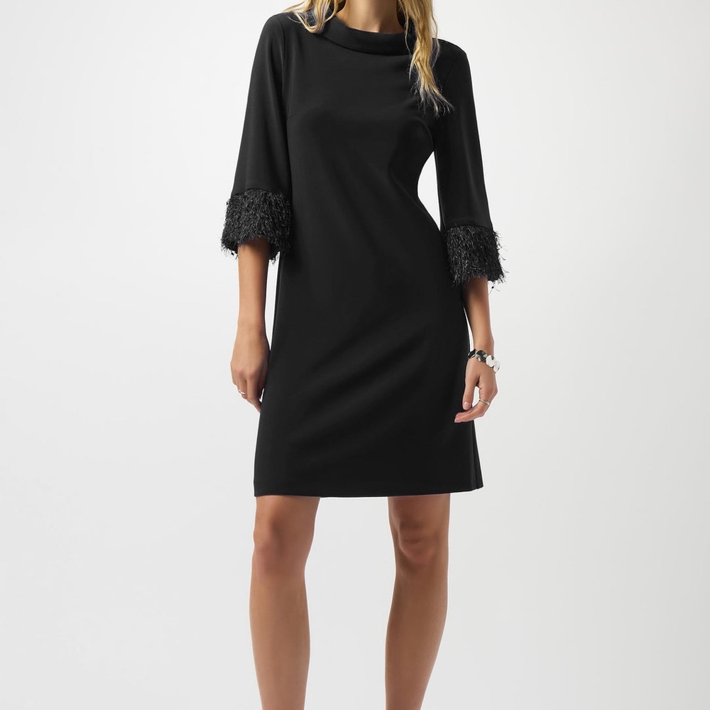 Joseph Ribkoff Black Dress with Feathered Sleeves